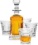 Juego de decantador de whisky, 1 decantador de whisky de rayas verticales premium (18 oz) con 4 vasos de whisky de rayas verticales (9 oz).