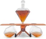 Decantador de whisky de vidrio con 2 vasos - 1100 ml, tapón y base, para brandy, vino, coñac, ron, ginebra, whisky escocés