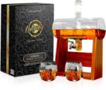 Decantador de whisky de vidrio con 2 vasos - 1100 ml, tapón y base, para brandy, vino, coñac, ron, ginebra, whisky escocés