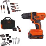 Black+Decker - Taladro inalámbrico de iones de litio de 20 V MAX + kit de 68 PIEZAS + batería de 1.5 A + cargador + Maleta.